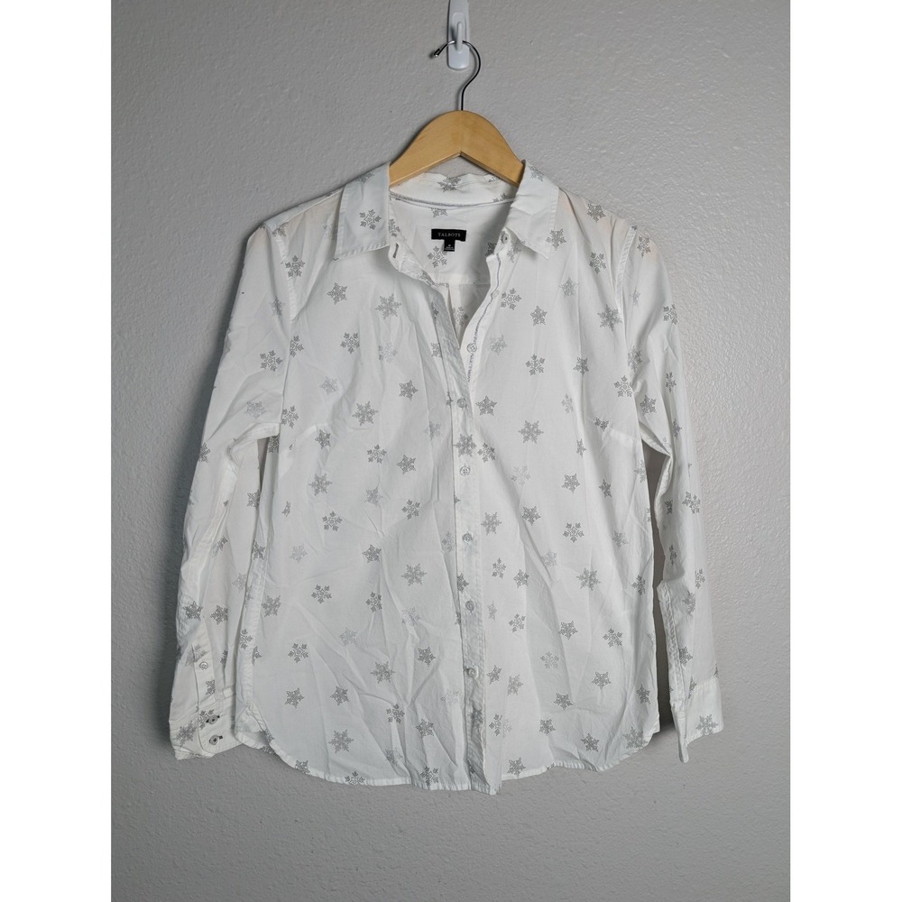 Talbots Button-Up Womens M White Geometric Collared Long Sleeve Glitter